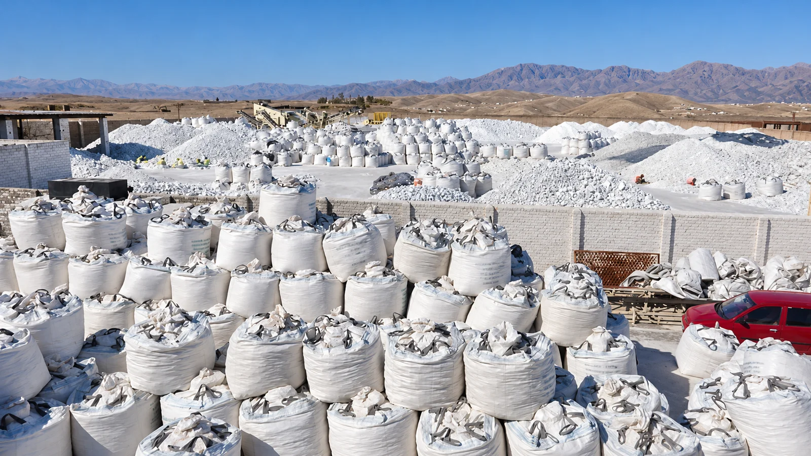 Jumbo bags of talc and bulk mineral stockpiles at our Afghanistan stockyard