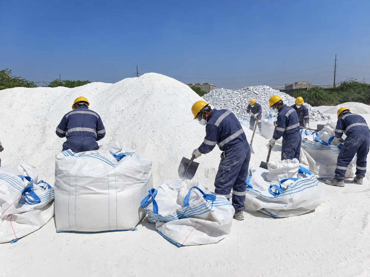 Workers filling jumbo bags with mineral material
