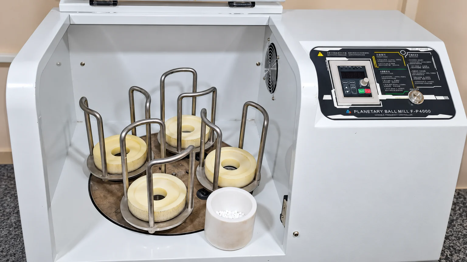 Open planetary ball mill with four grinding stations and a jar of grinding media