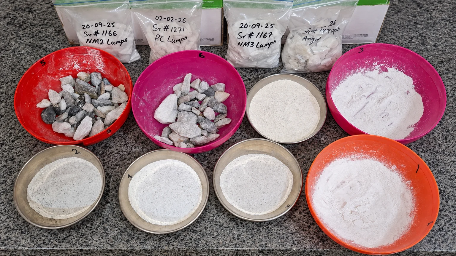 Labelled sample bags and bowls containing talc lumps and ground samples
