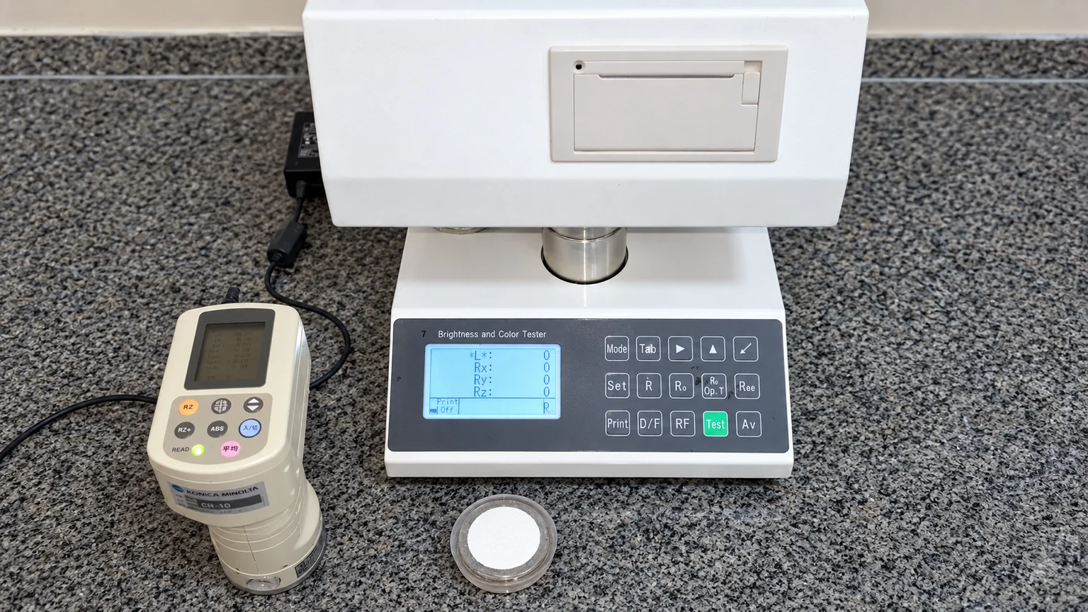 Benchtop brightness tester, handheld colour meter and talc sample cup